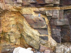Complex granite sheets with fractured country rock xenolith